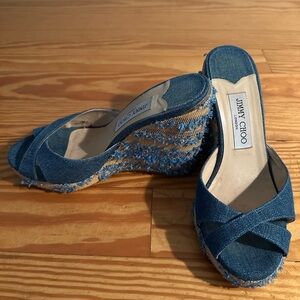 Jimmy Choo denim wedge shoes with fun fray details.